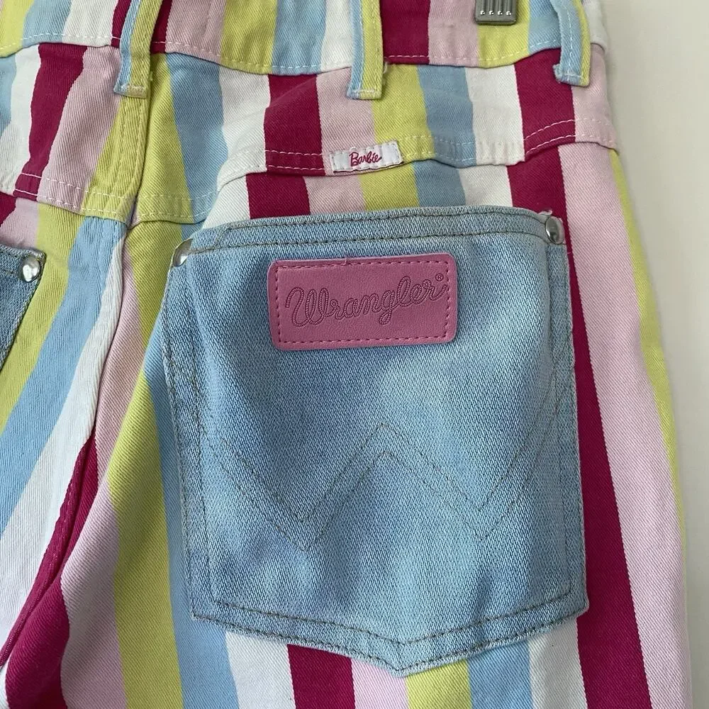 Wrangler Barbie Jeans Womens 29x31.5 Multicolor Striped Flare Denim Barbiecore - Picture 9 of 15
